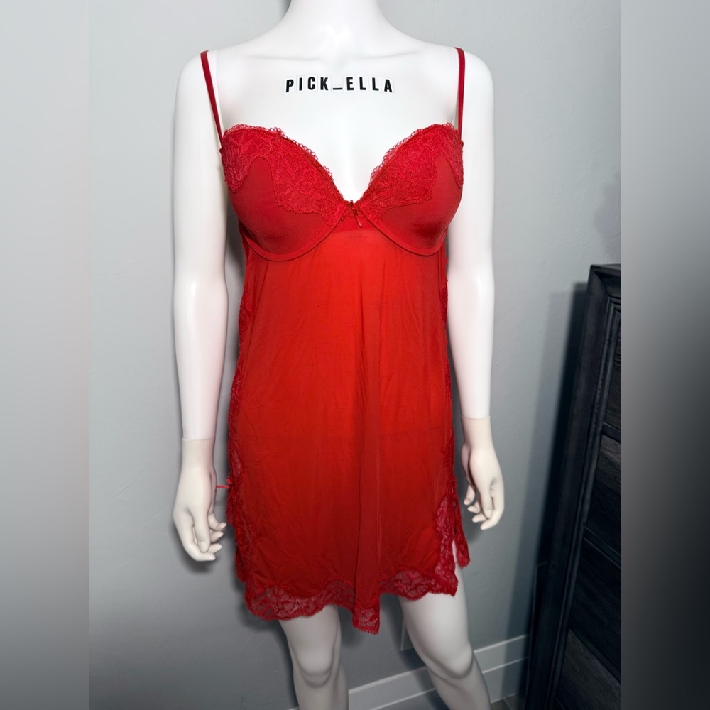 34D Victoria's Secret Chemise Lingerie Slip Lace Trim Red push up